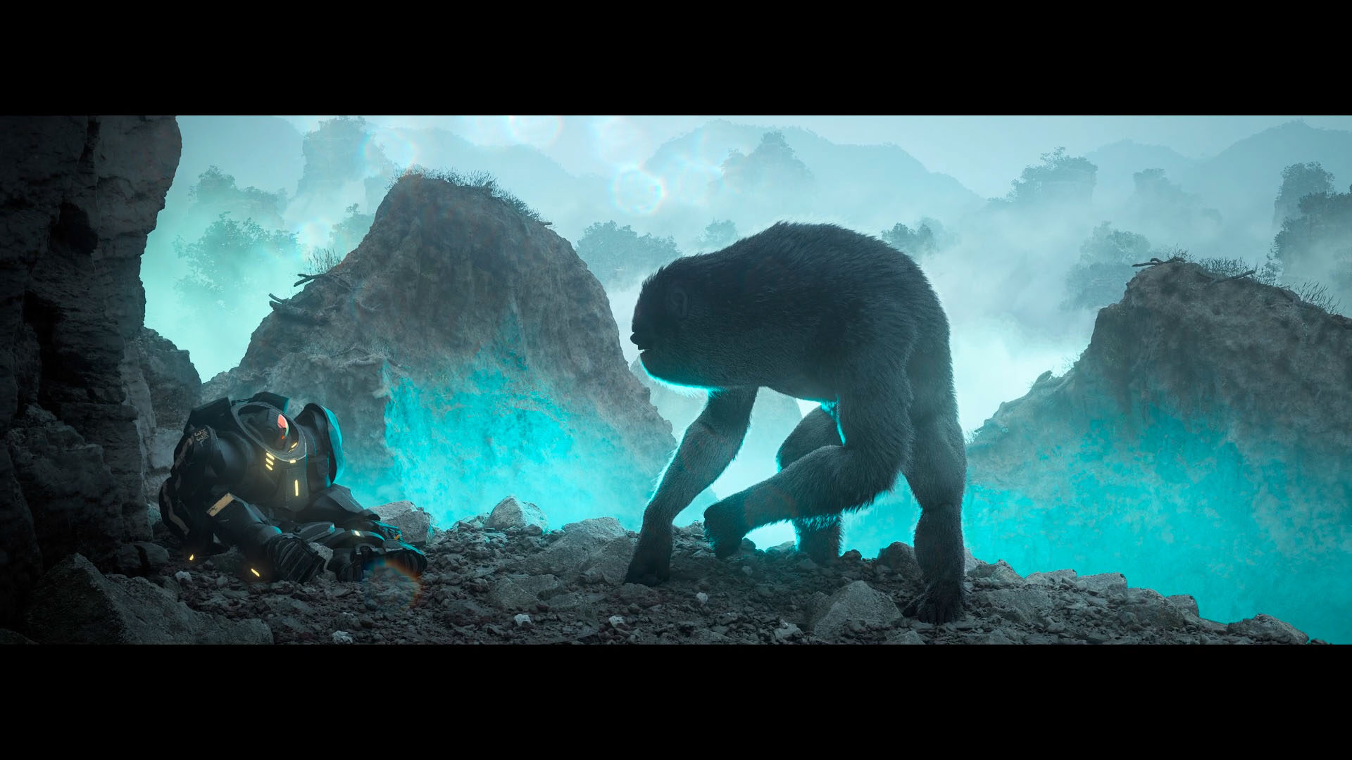 Cinematic still, creature meets astronaut