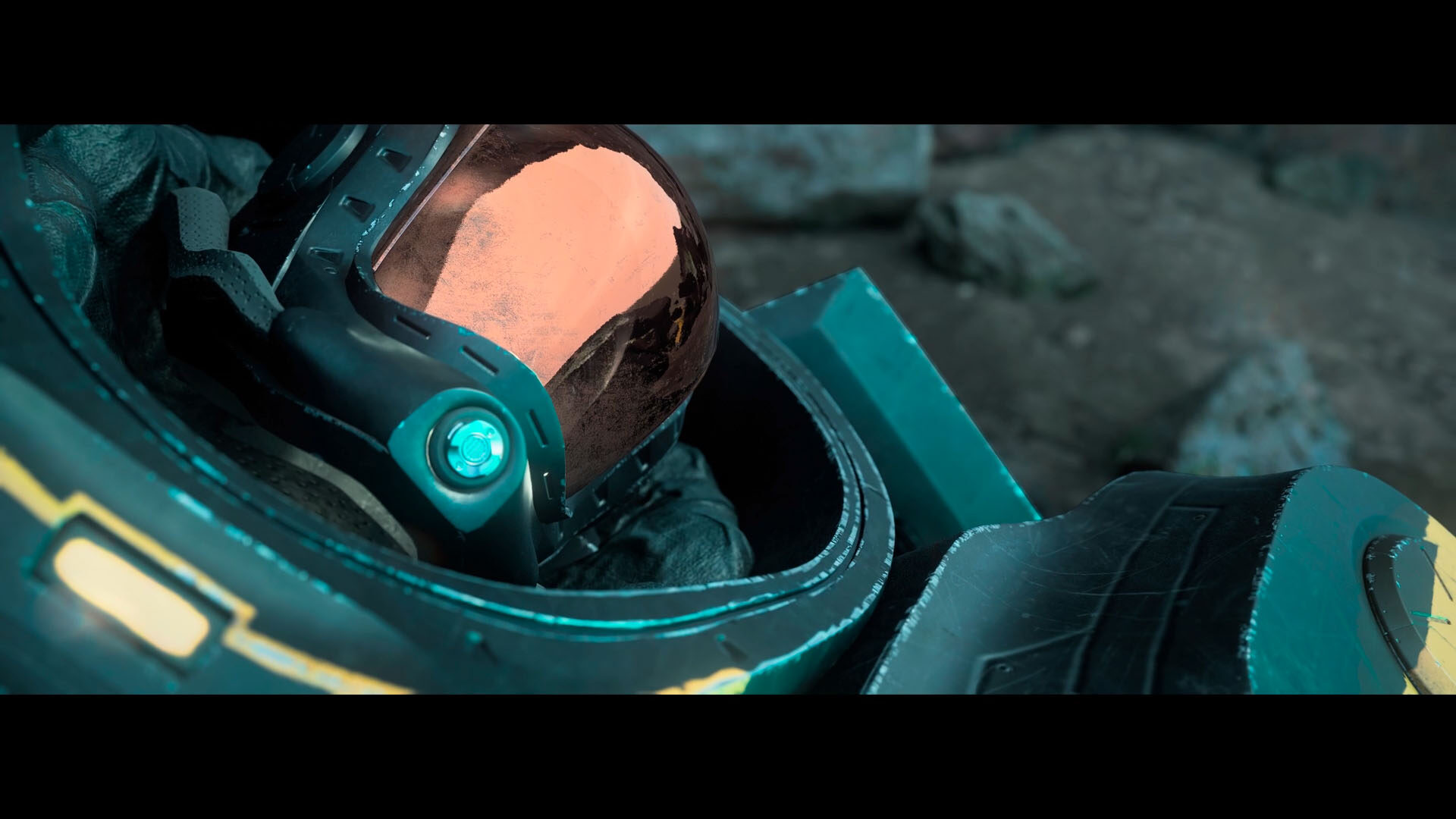 Cinematic still, helmet fire reflection