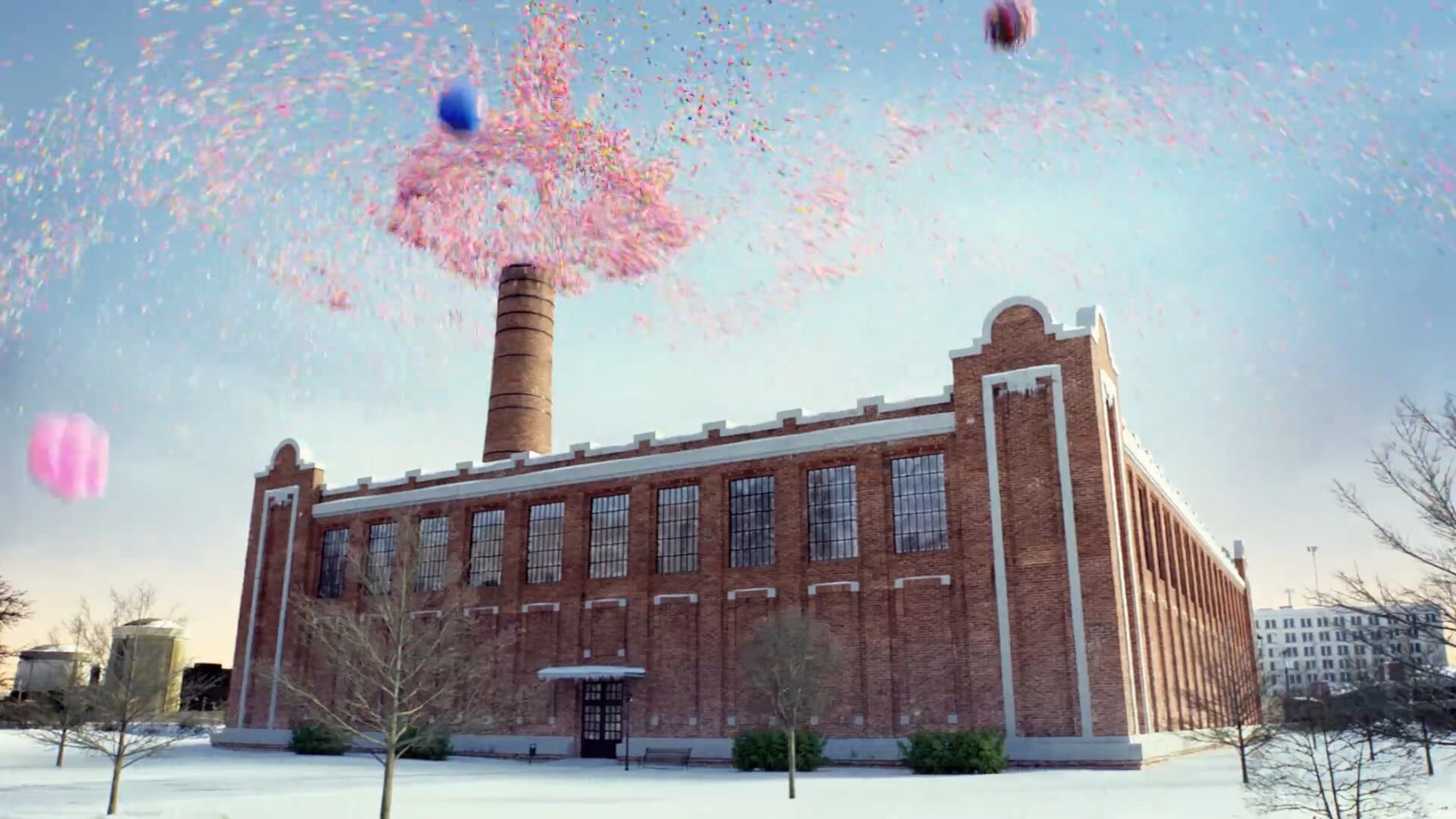 Factory chimney reveal, cinematic still