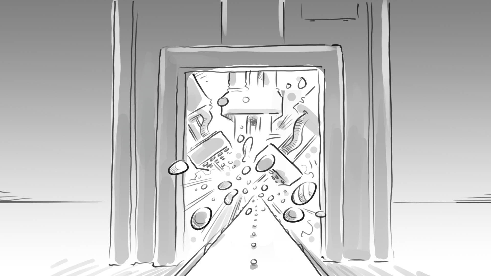 Storyboard, factory door reveal