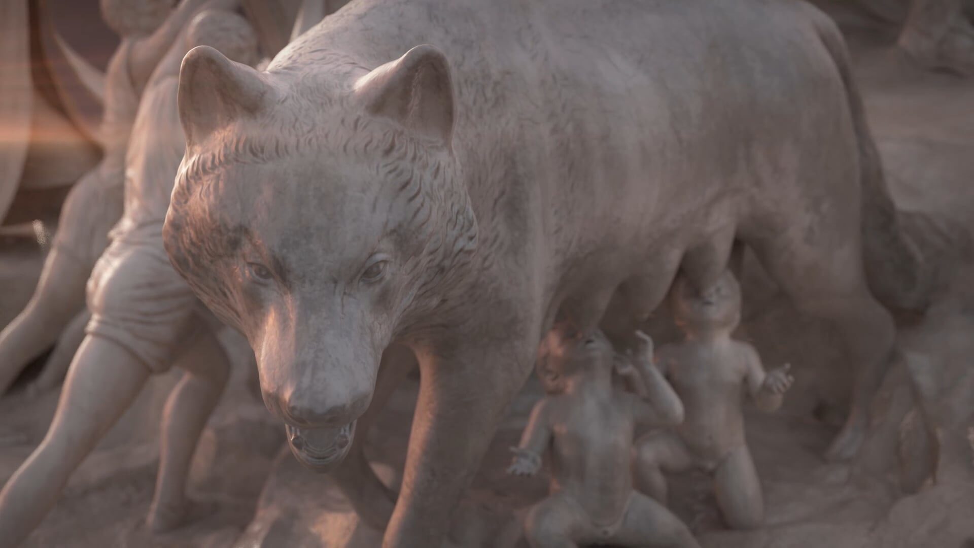 Macro detail, wolf and twins statue