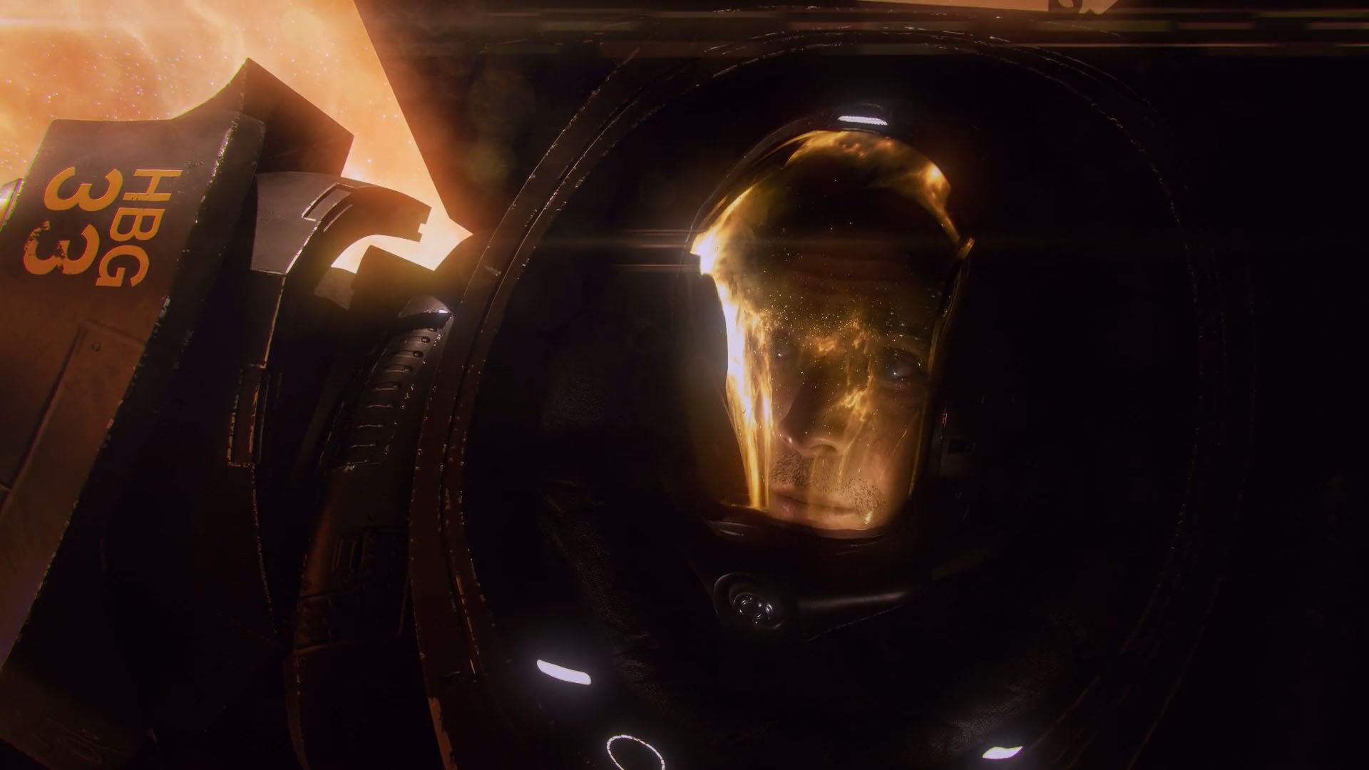 Cinematic still, helmet fire reflection