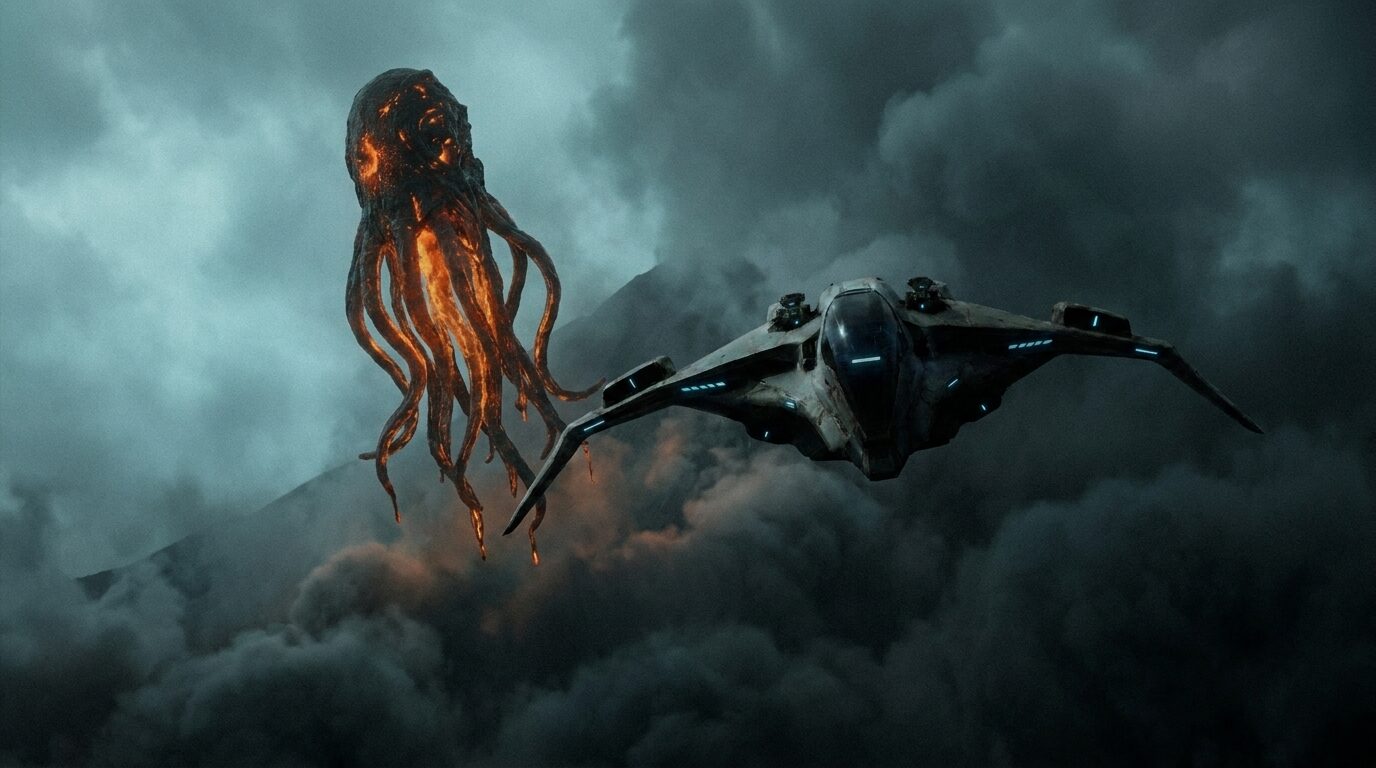 Styleframe, fiery creature vs ship